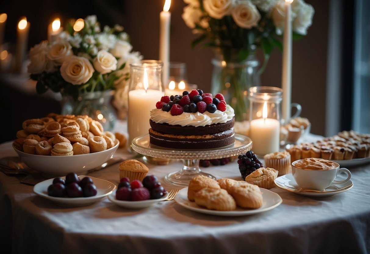 A beautifully decorated table with an array of elegant desserts and treats, surrounded by delicate floral arrangements and soft candlelight