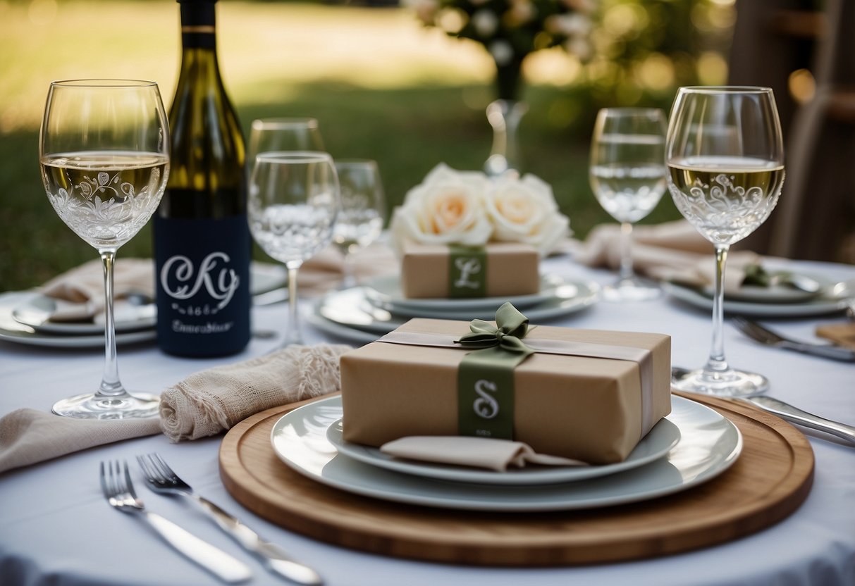 A table set with personalized wedding shower gift ideas, including monogrammed towels, custom wine glasses, and engraved cutting boards