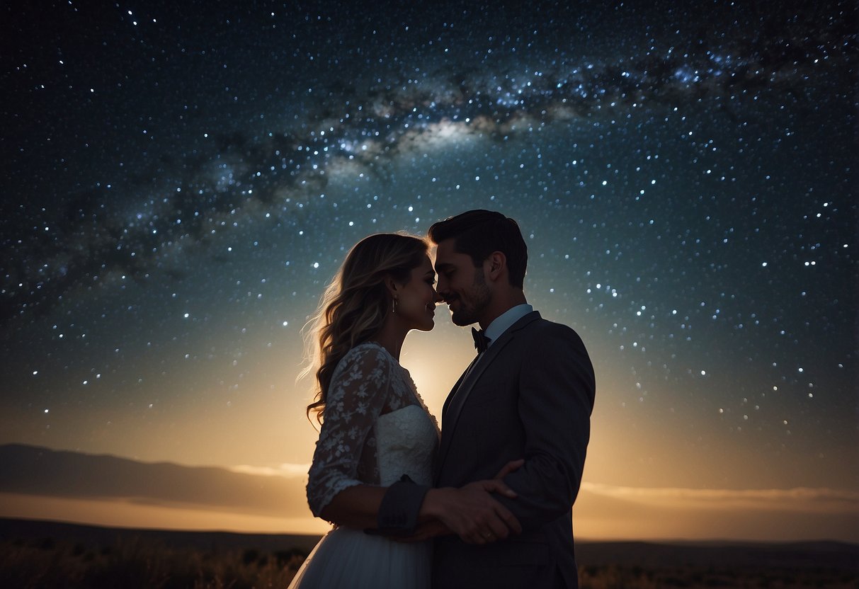 A couple embracing under a starry night sky, with a personalized star map highlighting the date and location of their wedding