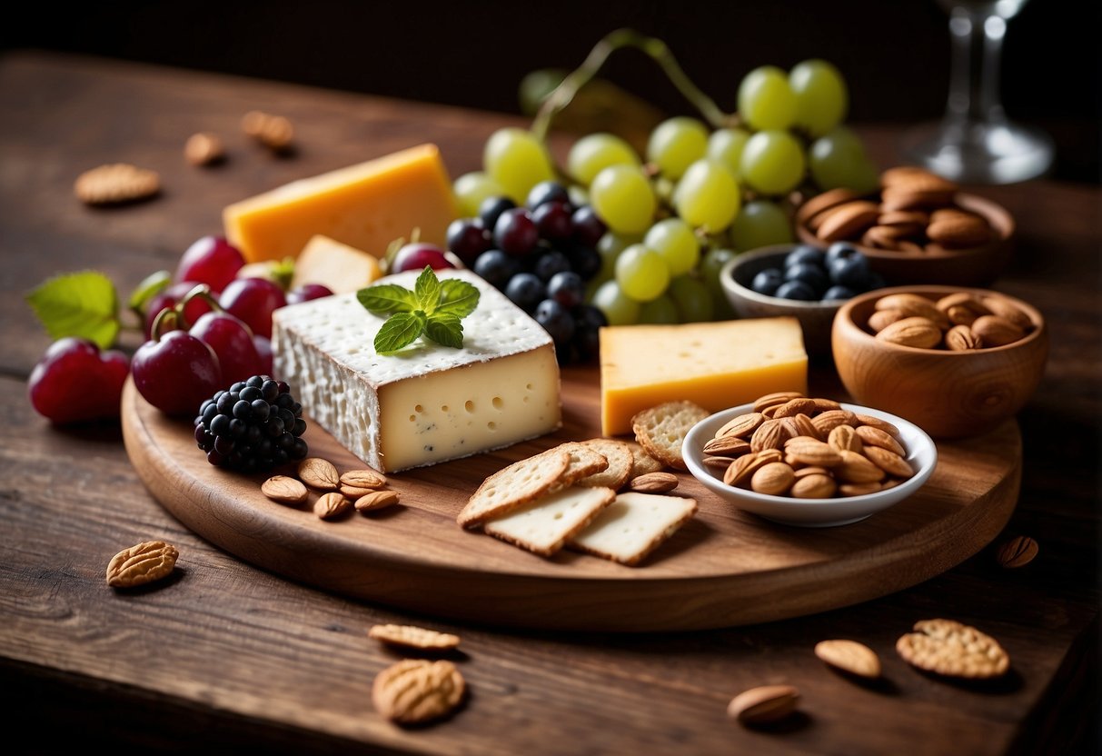 A beautifully arranged cheese board with assorted gourmet cheeses, fruits, nuts, and crackers, elegantly presented on a wooden board with decorative garnishes