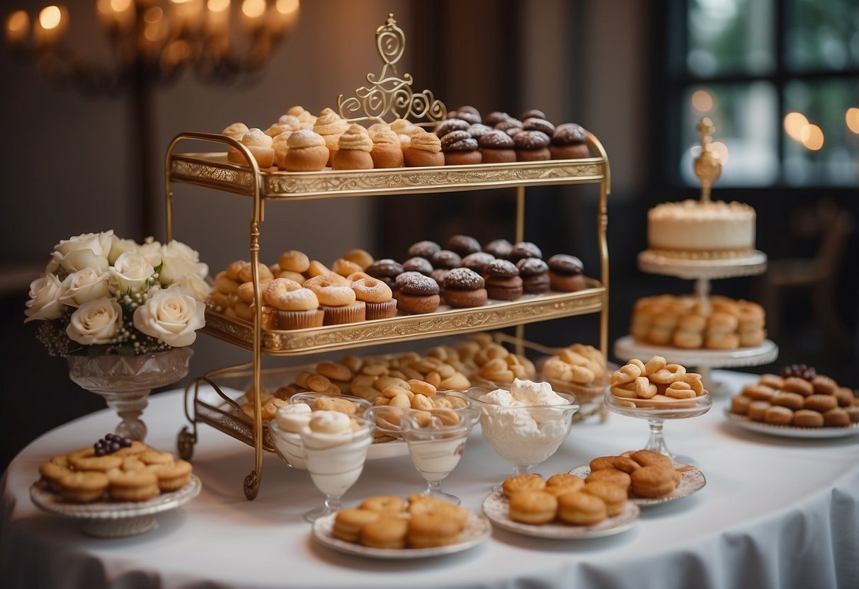 A vintage dessert cart adorned with an array of sweet treats and pastries, set against a backdrop of elegant wedding decor