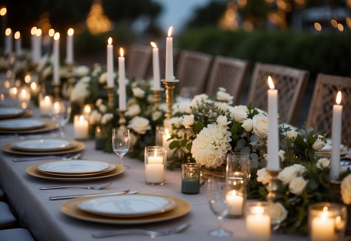 A long banquet table adorned with elegant place settings and floral centerpieces, surrounded by twinkling lights and candles, set against a backdrop of a serene garden or picturesque waterfront