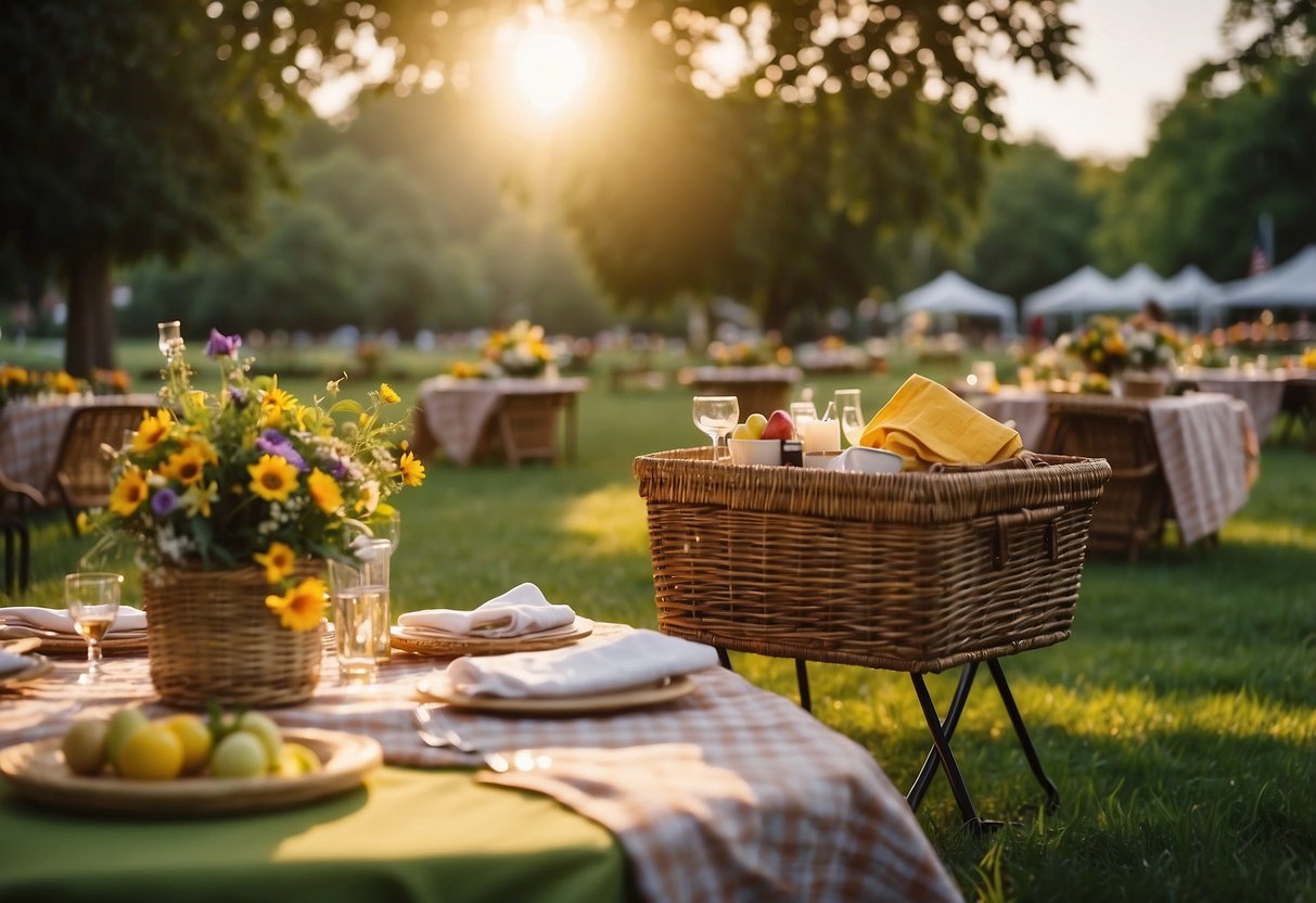 A group of tables set up on a lush green lawn, adorned with colorful picnic blankets, baskets, and flower arrangements. The sun is setting, casting a warm glow over the scene