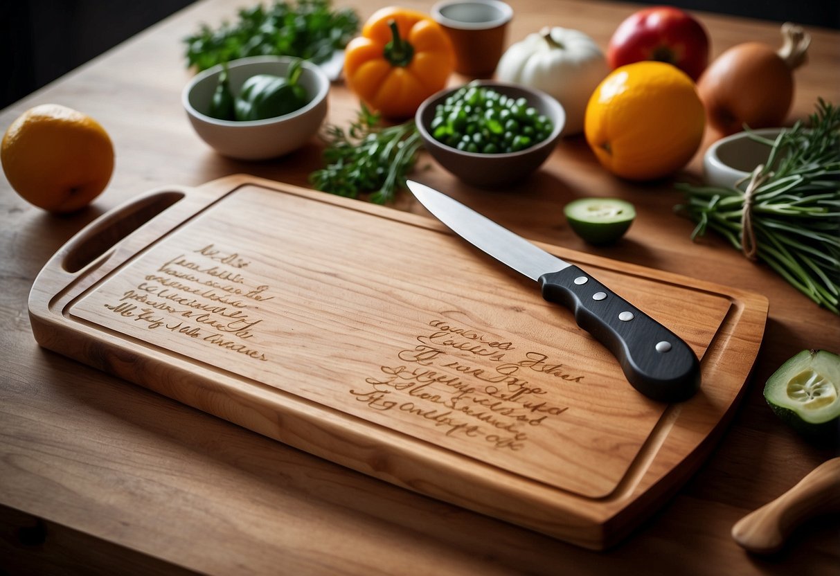 A cutting board with a handwritten recipe engraved on it, surrounded by kitchen utensils and tied with a ribbon