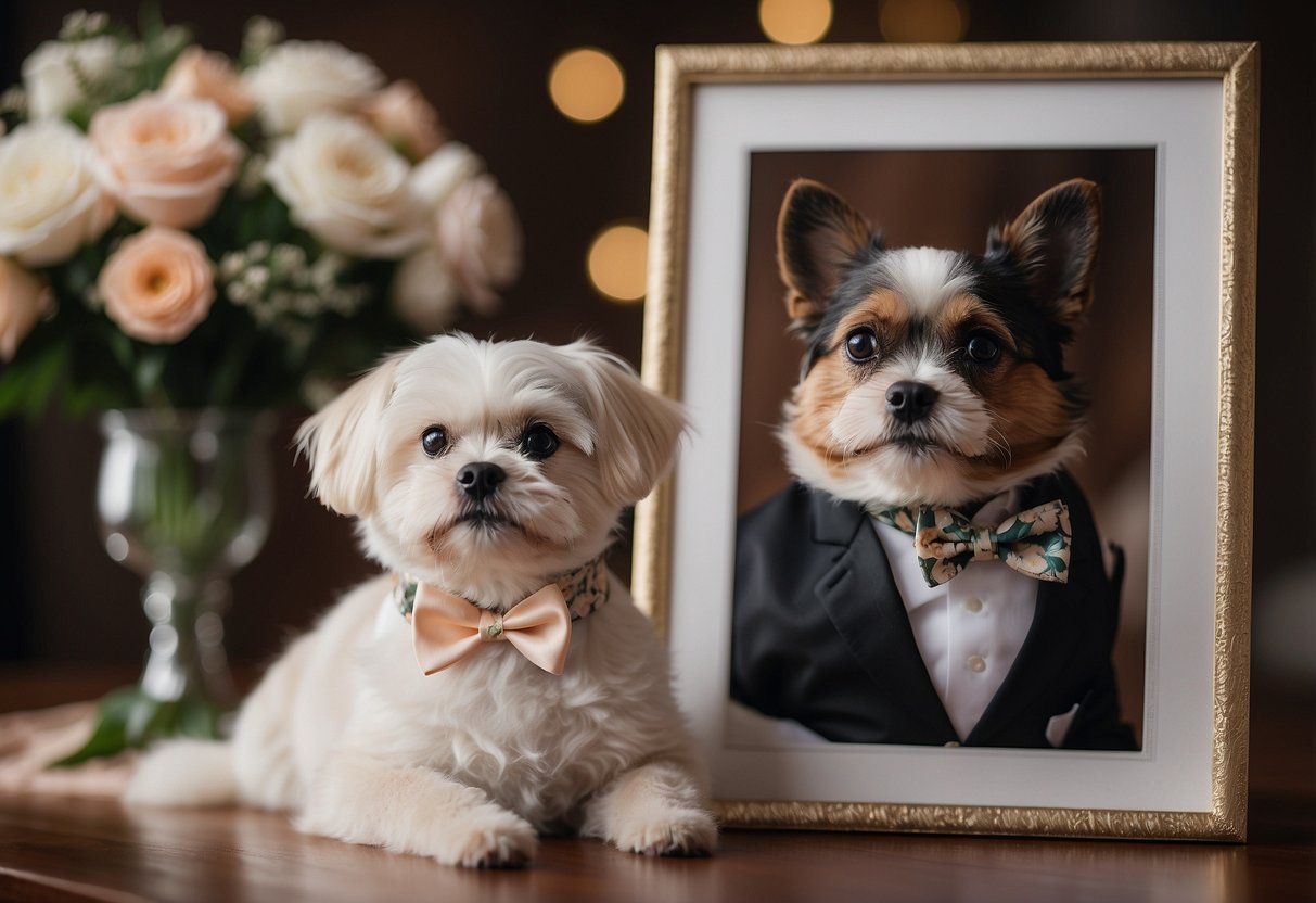 A couple's beloved pet sits beside a wedding photo, wearing a floral collar. The background features a heart-shaped frame and a handwritten note