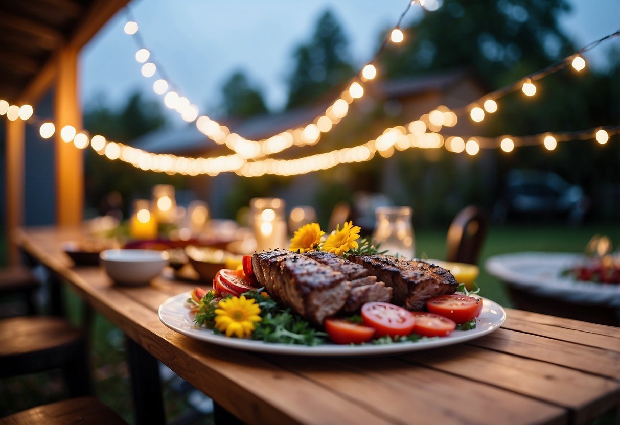 A festive backyard BBQ bash with colorful string lights, a long wooden table adorned with wildflower centerpieces, and a grill sizzling with delicious food