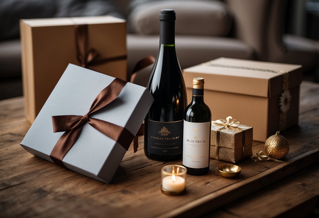 A wine subscription box sits on a table, adorned with a ribbon and wedding gift tag. A card with best wishes is tucked beside it