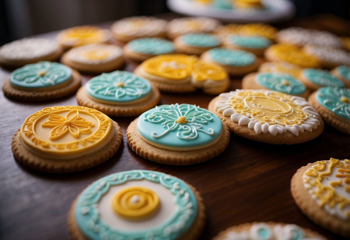 A table adorned with an array of personalized wedding cookies, each delicately decorated with intricate designs and vibrant colors