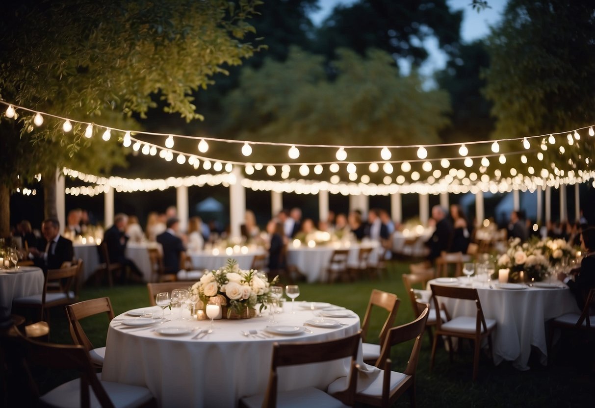 Lush garden with string lights, white tables, and floral centerpieces. Guests in formal attire mingle and sip cocktails under the starry night sky