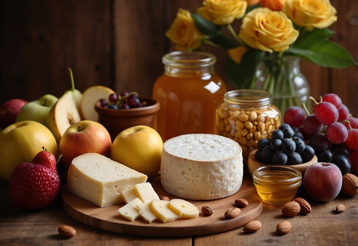 A wooden board displays an assortment of colorful fruits and various cheeses, accompanied by small jars of honey and nuts, set against a backdrop of elegant table settings and floral arrangements