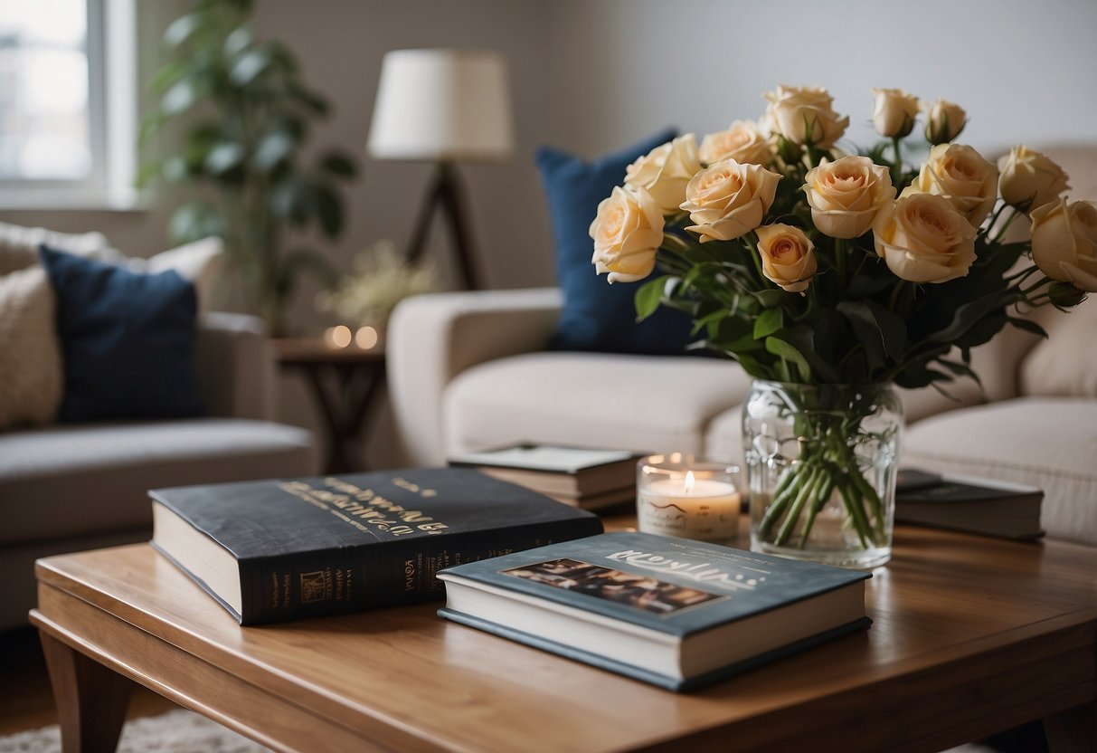 A cozy living room with a coffee table adorned with the 'Humans of New York' book by Brandon Stanton, surrounded by soft lighting and a vase of fresh flowers