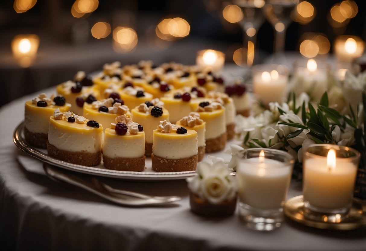 A table adorned with an assortment of mini cheesecake bites, surrounded by elegant wedding decor and soft lighting