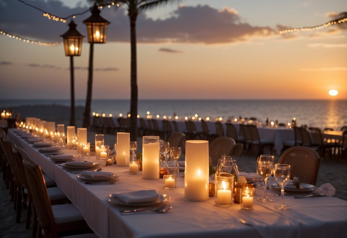 A beachfront dinner: tables adorned with white linens, surrounded by torches and lanterns, with a backdrop of the setting sun over the ocean