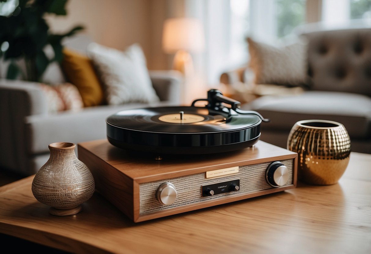 A cozy living room with a vintage-inspired Bluetooth record player as the focal point, surrounded by elegant wedding gift boxes for my best friend