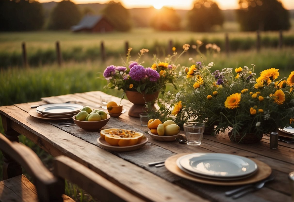 A long wooden table adorned with fresh flowers and locally-sourced produce, surrounded by rustic farm scenery, with a warm sunset glow