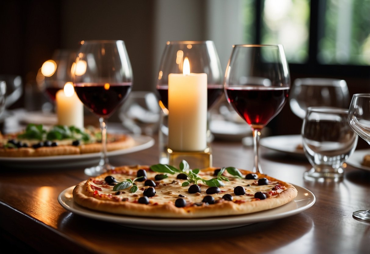 A table set with pizza boxes, candles, and wine glasses. Laughter and chatter fill the air as guests enjoy a casual wedding rehearsal dinner