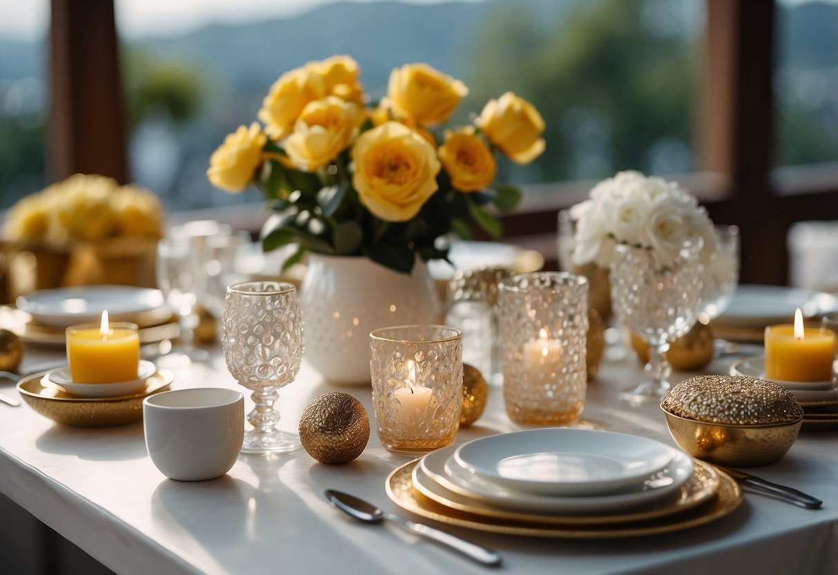 A table with various budget-friendly wedding gift options displayed, such as photo frames, kitchenware, and decorative items