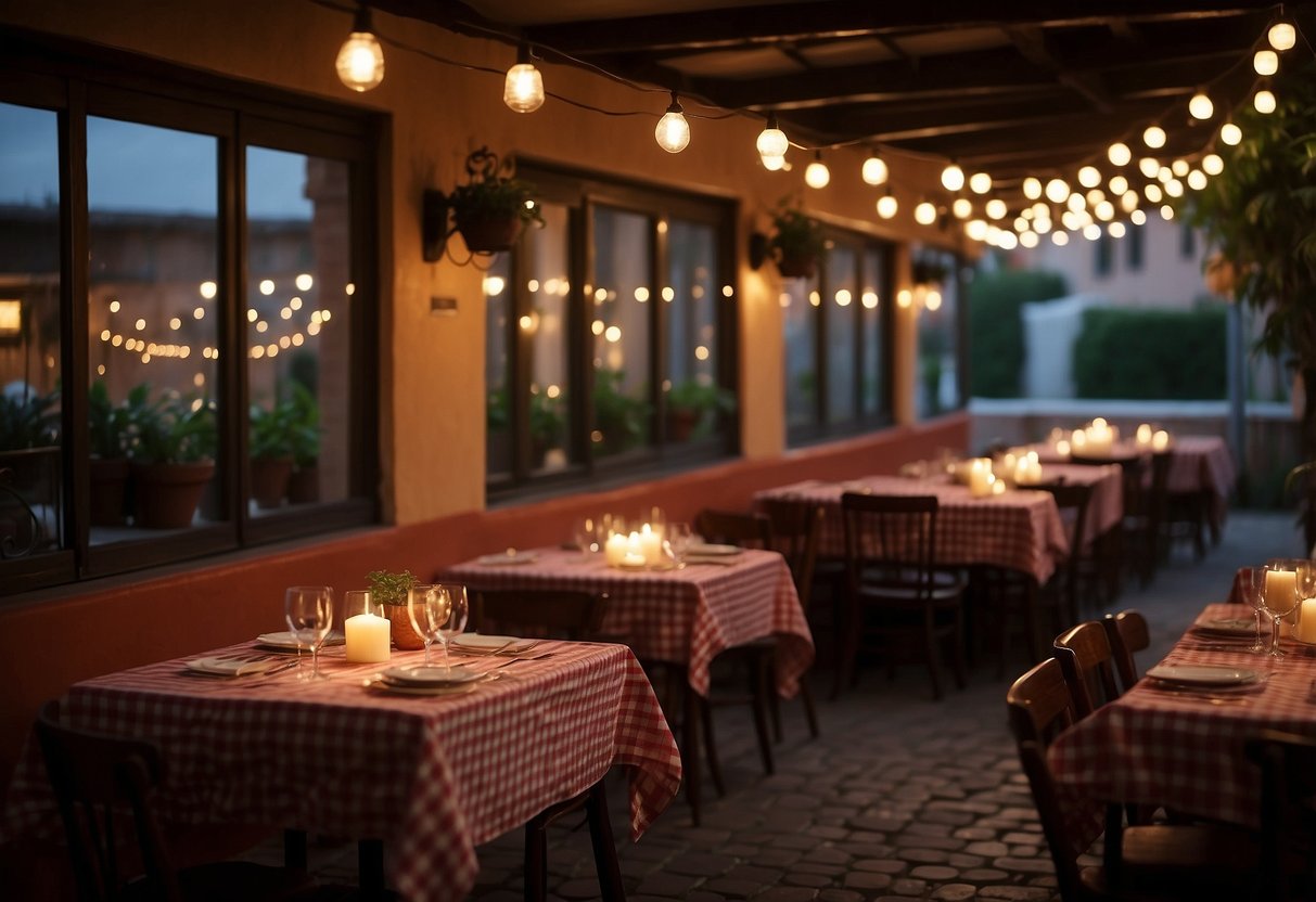 A cozy Italian trattoria at night, with string lights illuminating the outdoor patio. Tables are adorned with checkered tablecloths and flickering candles, while the aroma of garlic and tomatoes fills the air