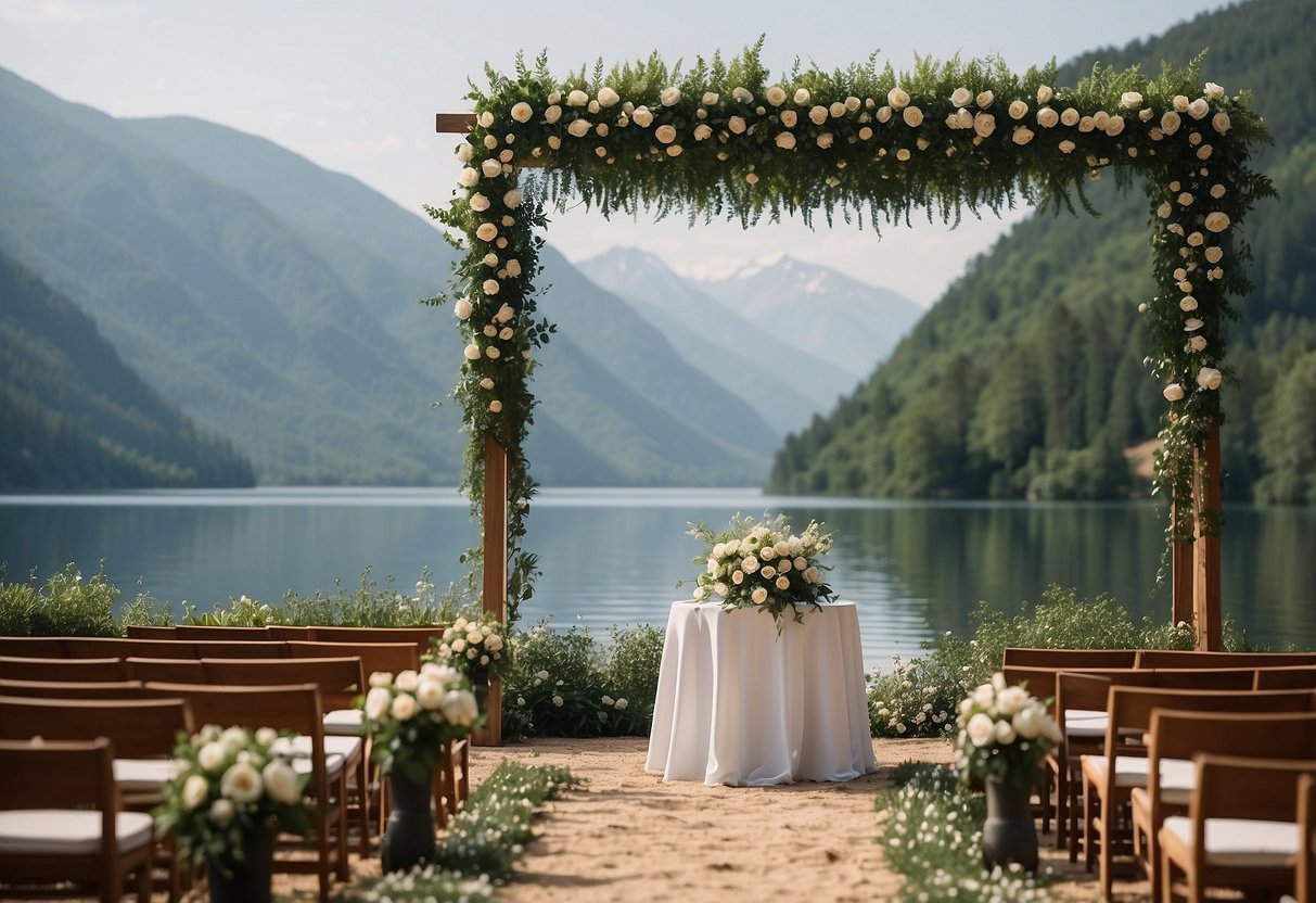 A simple ceremony under a canopy of greenery, with a single white rose on a wooden altar. A serene lake and mountains in the background