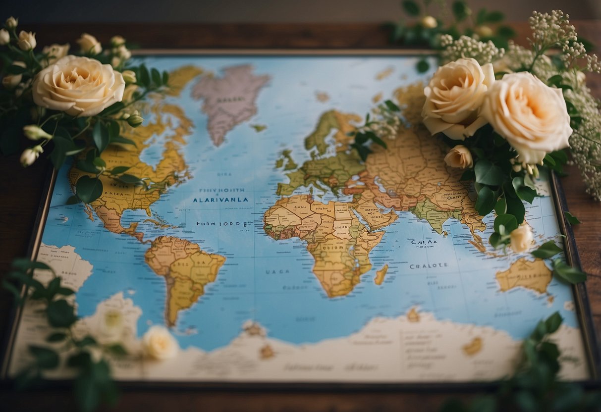 A personalized map showcasing the couple's favorite places, surrounded by delicate floral arrangements and elegant calligraphy