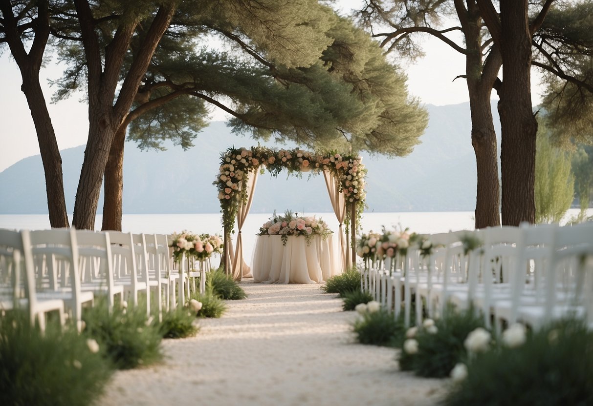 A serene outdoor wedding with muted tones, simple decor, and natural elements. A soft color palette of beige, ivory, and blush creates a minimalist and elegant atmosphere