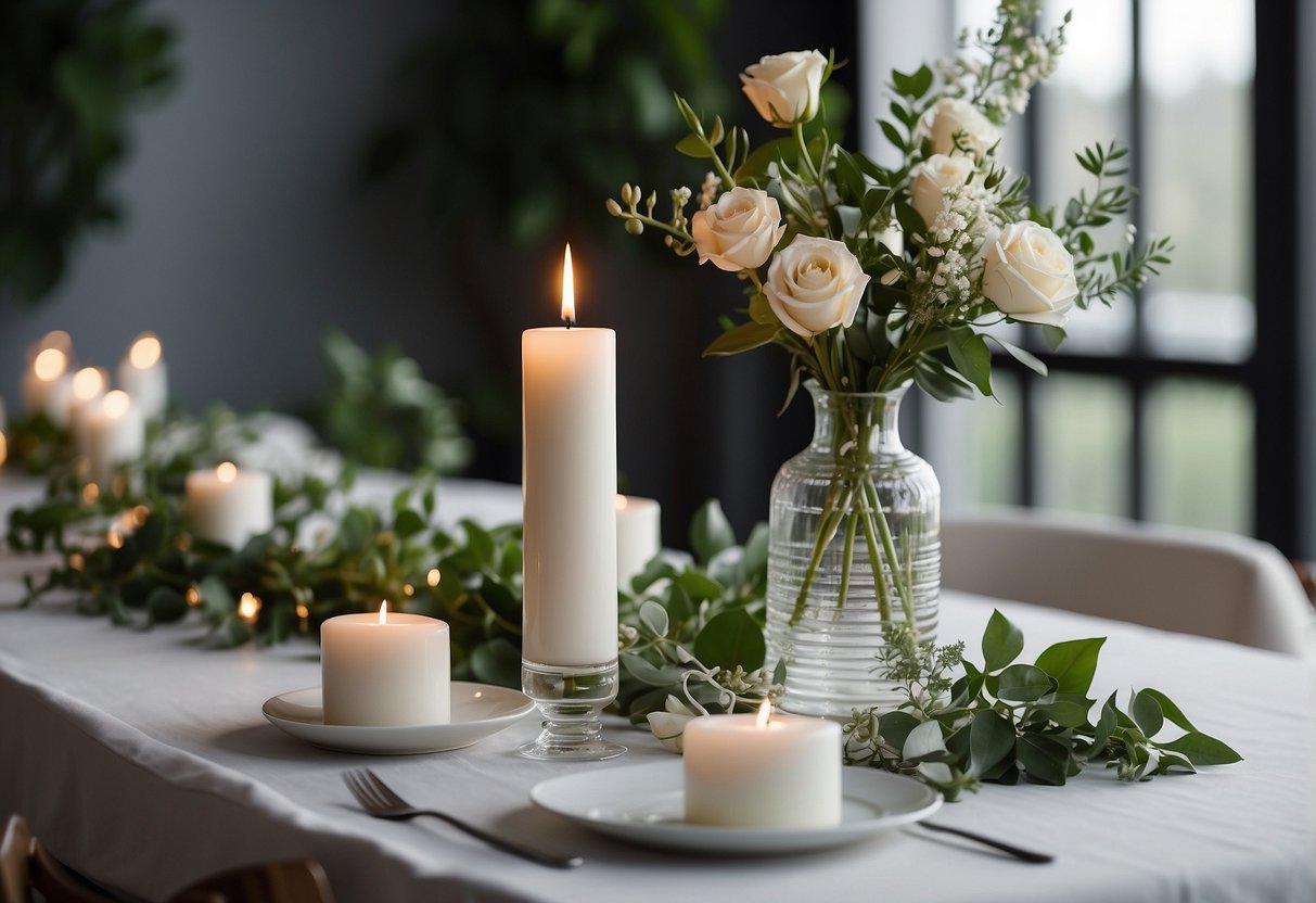 A white table with single stem vases, greenery, and candles