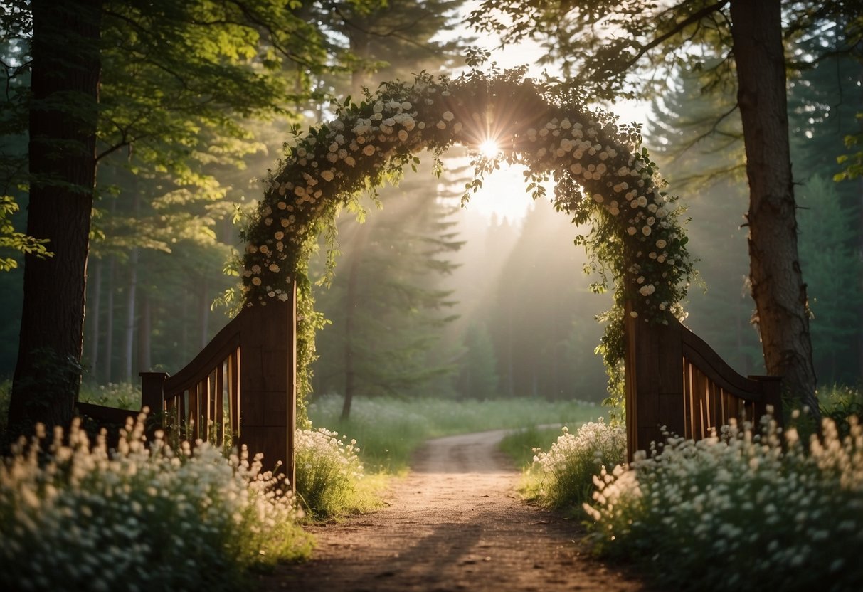 Sunlight filters through tall trees onto a clearing with a rustic wooden arch adorned with flowers. A path winds through the forest, leading to the serene wedding setting