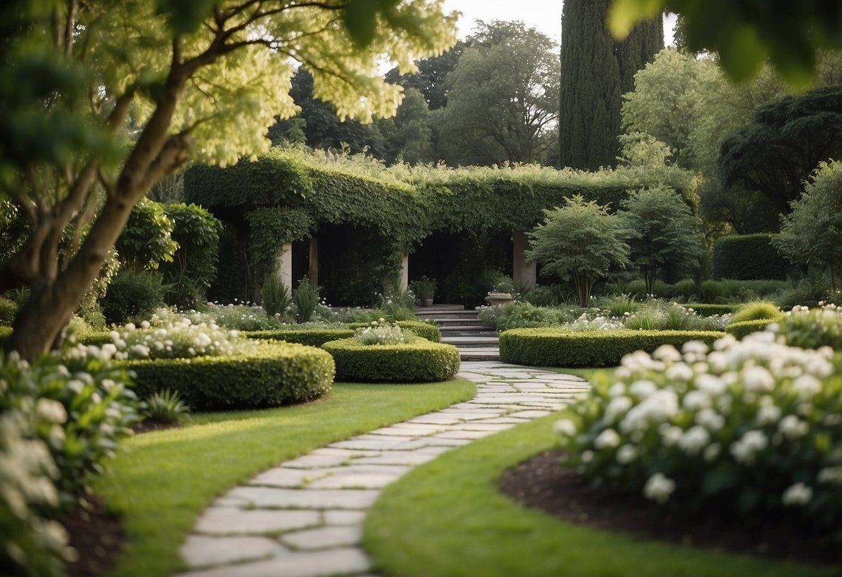 A serene garden with vibrant green foliage, creating a tranquil backdrop for a minimalist wedding