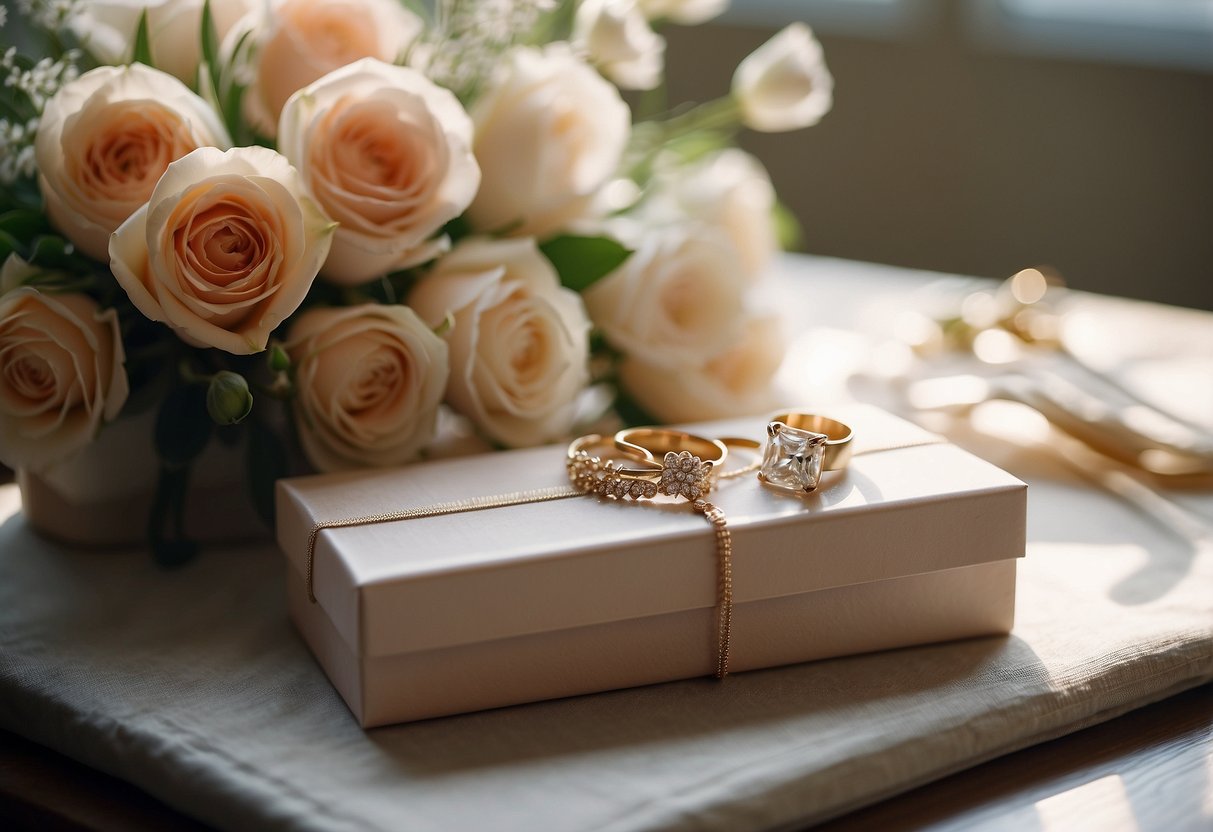 A table adorned with a bouquet of flowers, a delicate piece of jewelry, a handwritten love letter, and a beautifully wrapped gift box