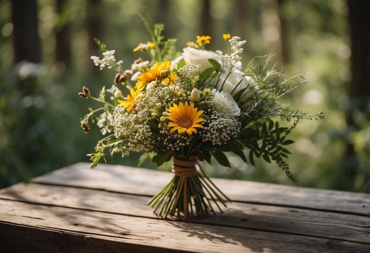 A rustic bride's bouquet, featuring wildflowers and greenery, tied with twine, sits on a wooden table in a lush woodland setting