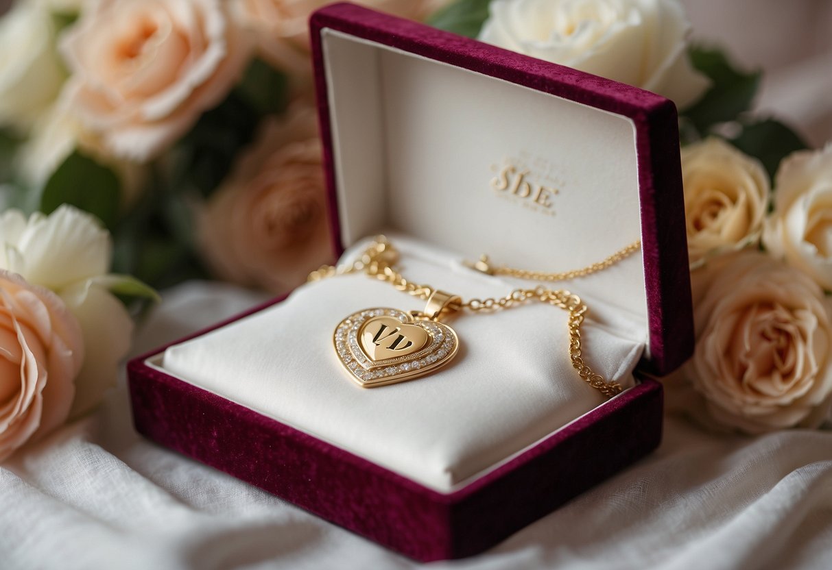 A delicate necklace with initials hangs on a velvet jewelry box, surrounded by delicate flowers and wedding accessories