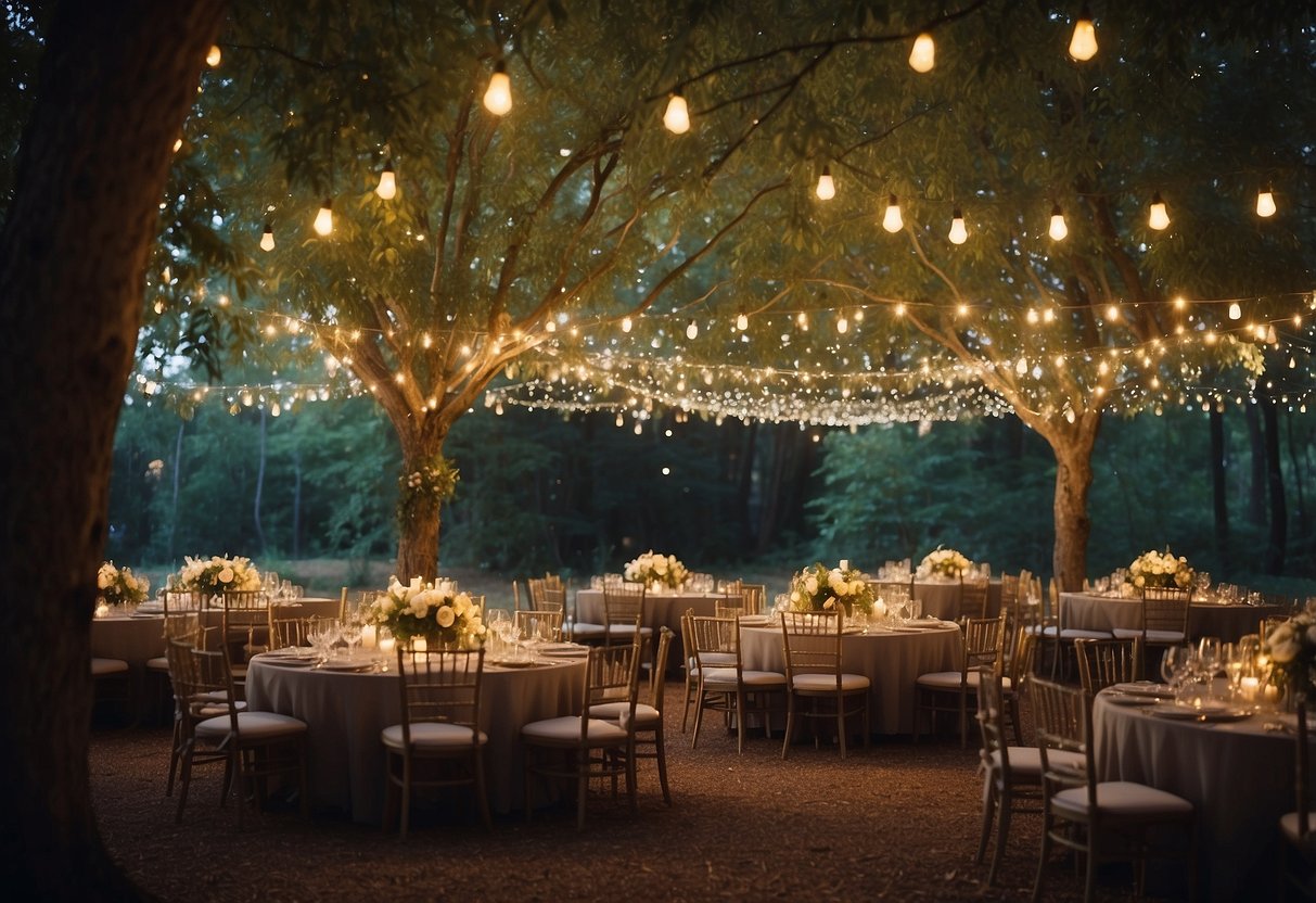 A magical woodland canopy adorned with twinkling fairy lights, creating a dreamy atmosphere for a wedding celebration