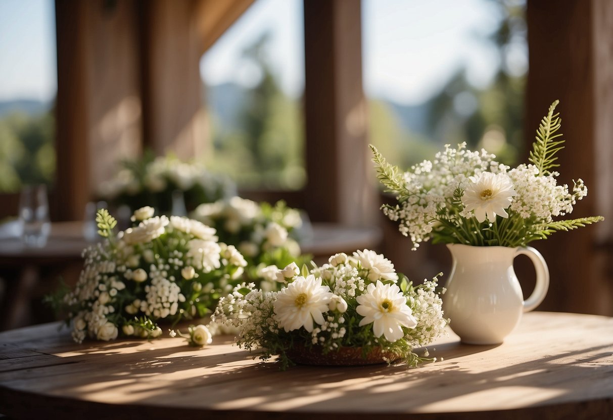 Soft sunlight illuminates a simple wedding setup. White flowers and greenery adorn a wooden table, casting delicate shadows