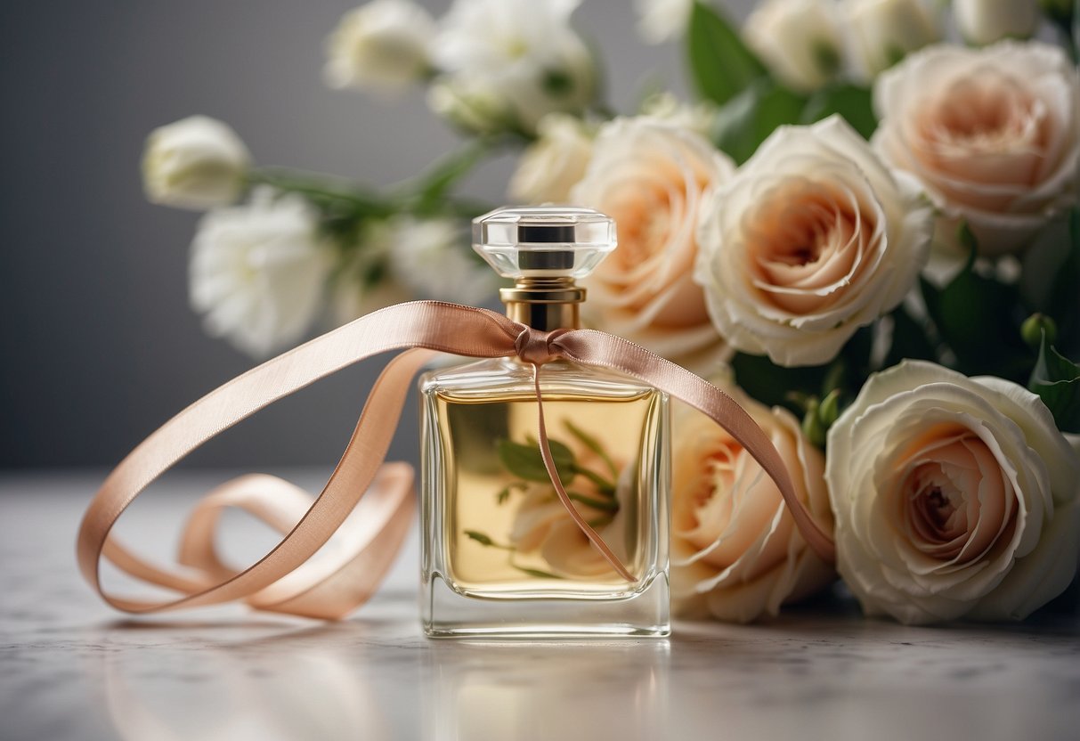 A delicate perfume bottle surrounded by fresh flowers and elegant ribbon, ready to be gifted to the bride on her wedding day