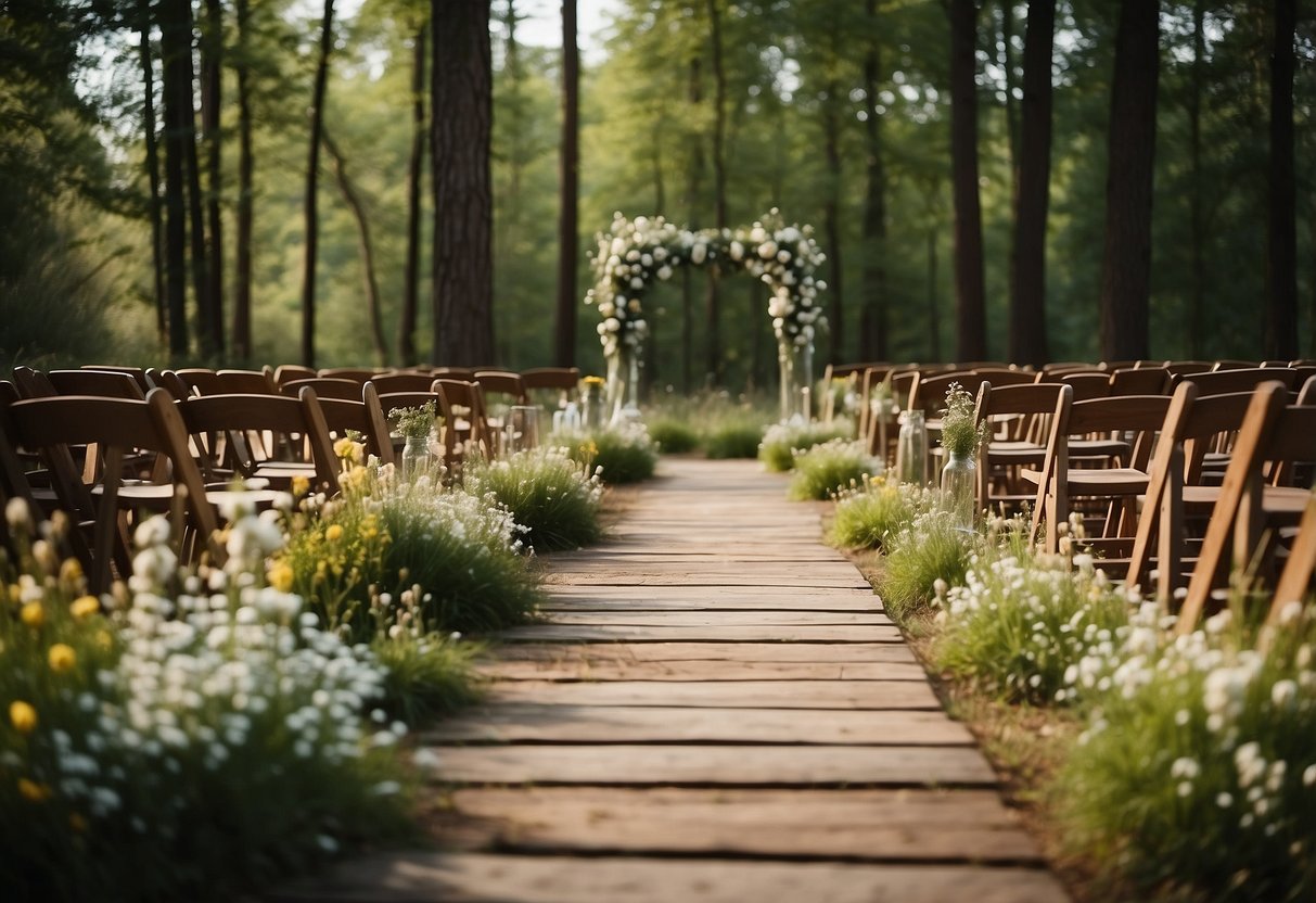 A rustic woodland aisle lined with wildflower decorations, creating a natural and whimsical atmosphere for a wedding