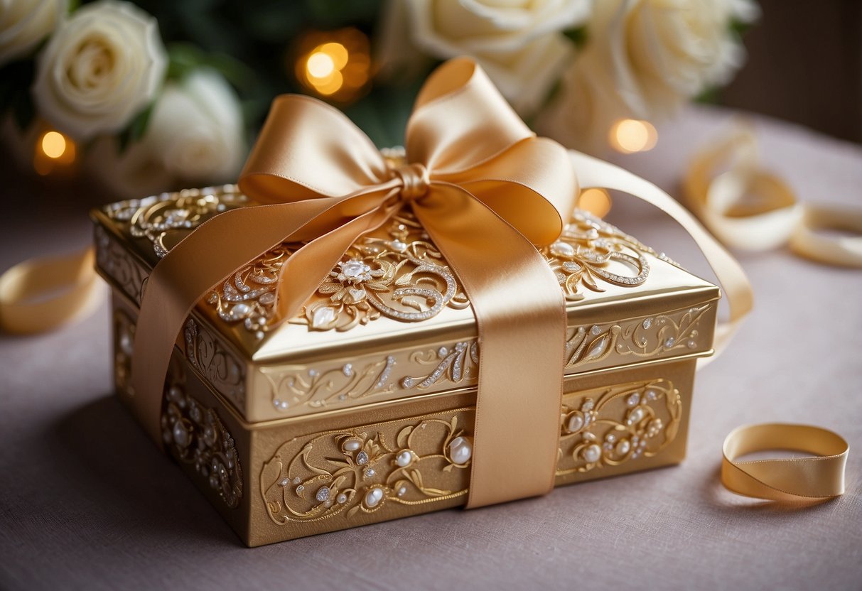 A luxurious gift box sits on a table, adorned with elegant ribbons and delicate embellishments. The box exudes opulence and sophistication, making it the perfect gift for a bride on her wedding day