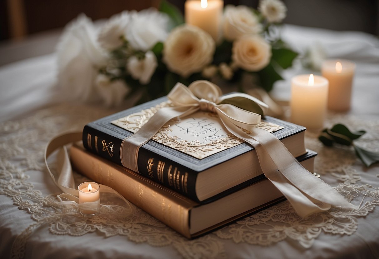 Two open books with "His Vows" and "Her Vows" written on the cover, adorned with delicate lace and ribbon, sitting on a beautifully decorated table