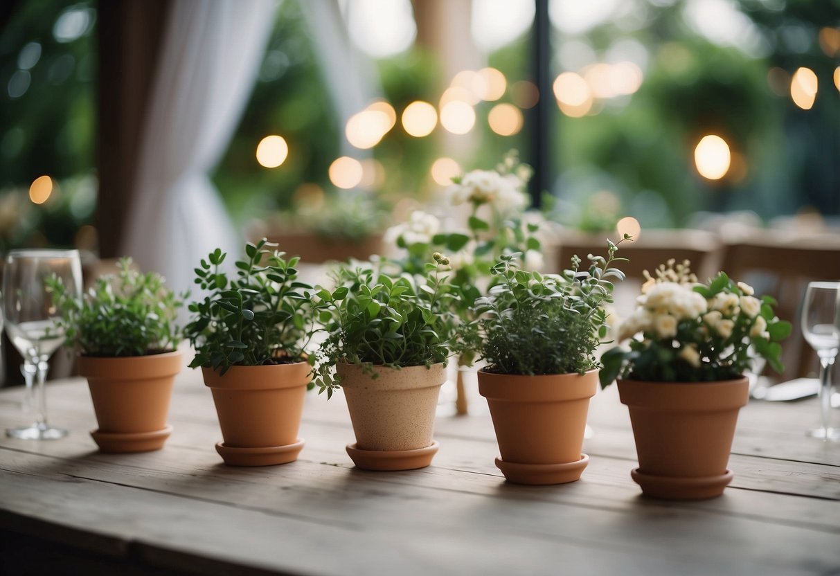 A simple, modern wedding setting with potted plants, recycled paper decorations, and sustainable materials