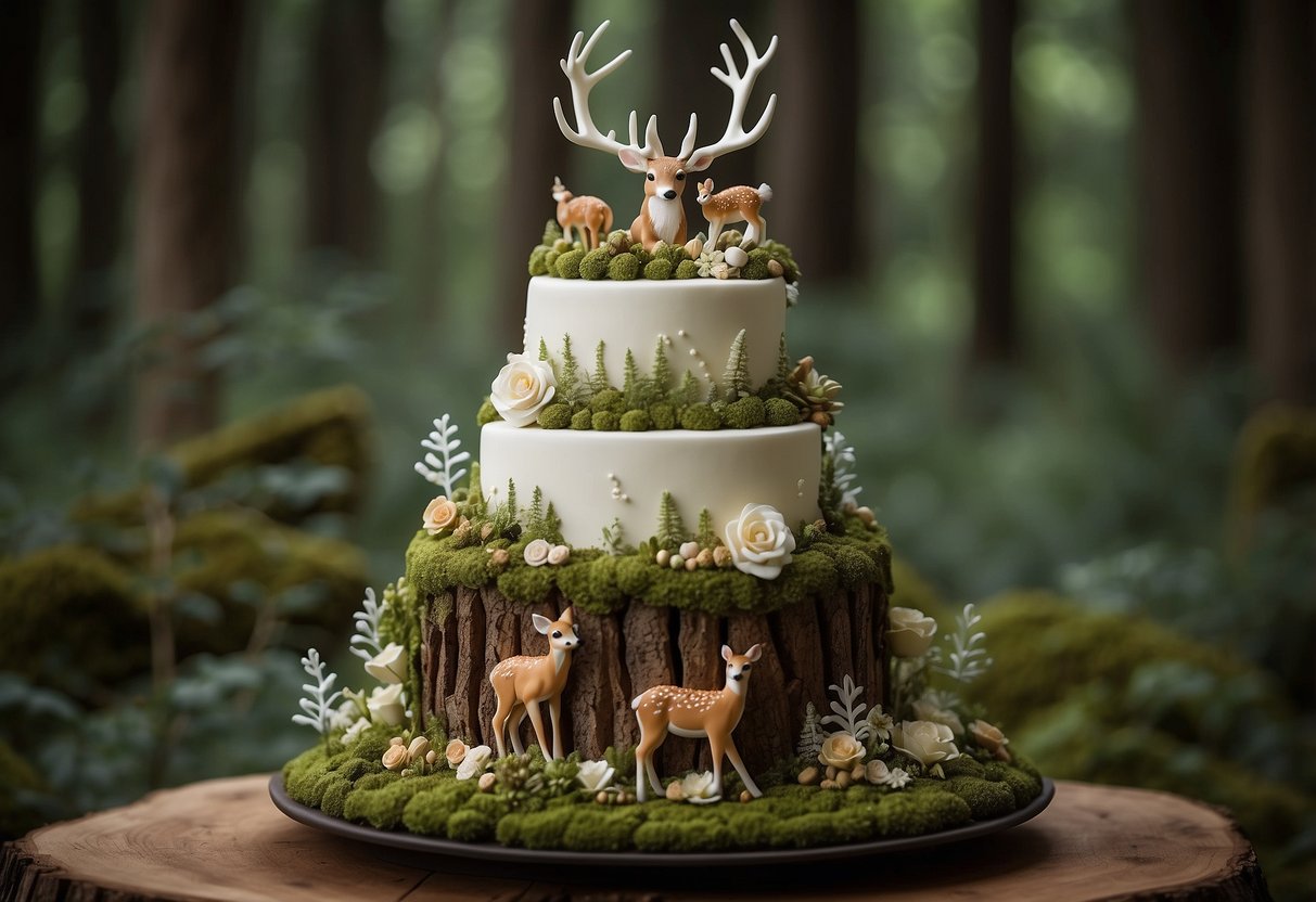 A three-tiered wedding cake adorned with fondant trees, edible moss, and sugar flowers. A deer cake topper and woodland creatures surround the base