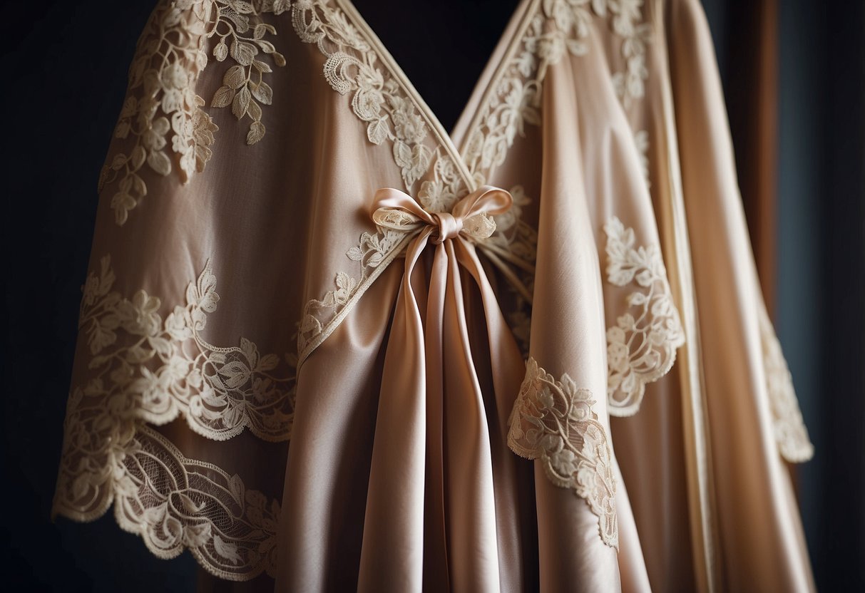 A delicate silk and lace robe draped over a hanger, with a ribbon tied around it, ready to be gifted to a bride on her wedding day