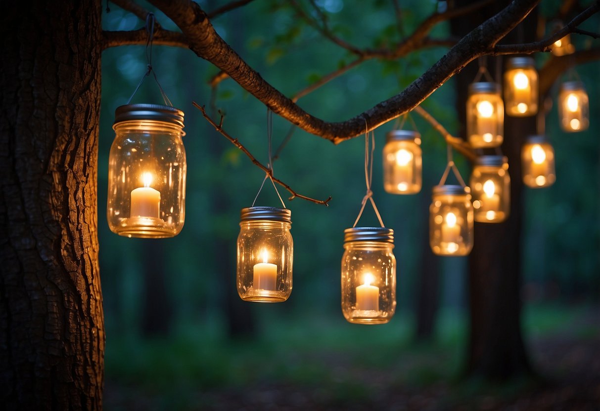 A cluster of mason jar lanterns hang from tree branches, casting a warm glow over a rustic woodland wedding setting