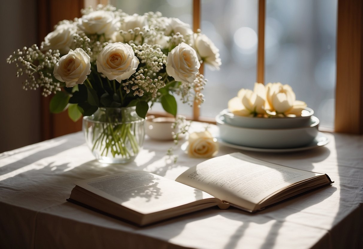 A table with a white lace tablecloth holding an open photo album filled with memories. A bouquet of fresh flowers sits next to it, with soft natural light streaming in from a nearby window