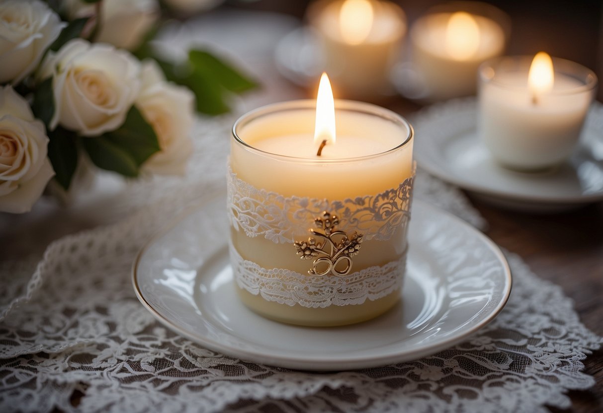 A beautifully wrapped scented candle sits atop a lace-covered table, surrounded by delicate floral arrangements and twinkling tea lights