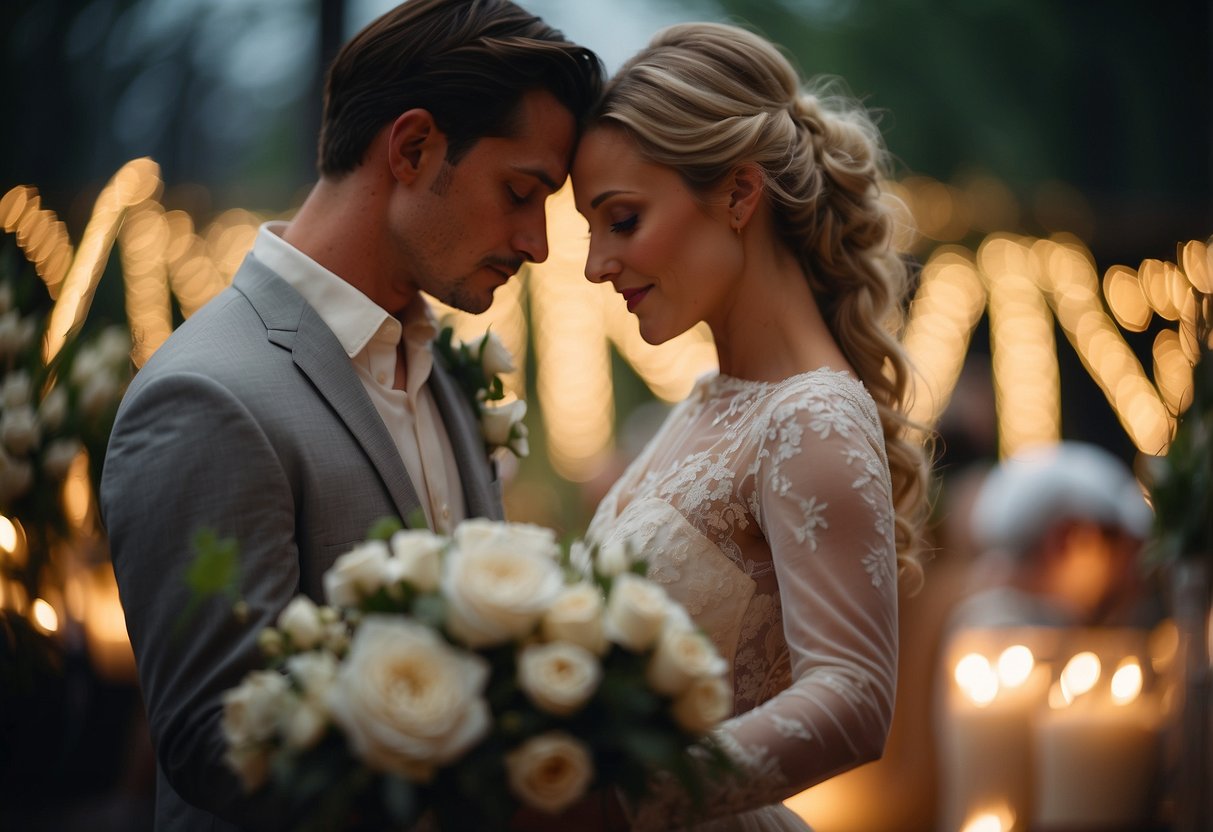 A couple embraces in a tender first dance, surrounded by soft candlelight and delicate floral arrangements, capturing the romance and intimacy of their wedding day