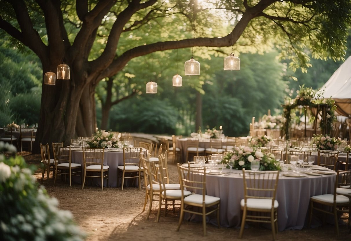 An outdoor woodland wedding scene with vintage mismatched furniture, including a mix of chairs, tables, and decor, set against a natural backdrop of trees and greenery