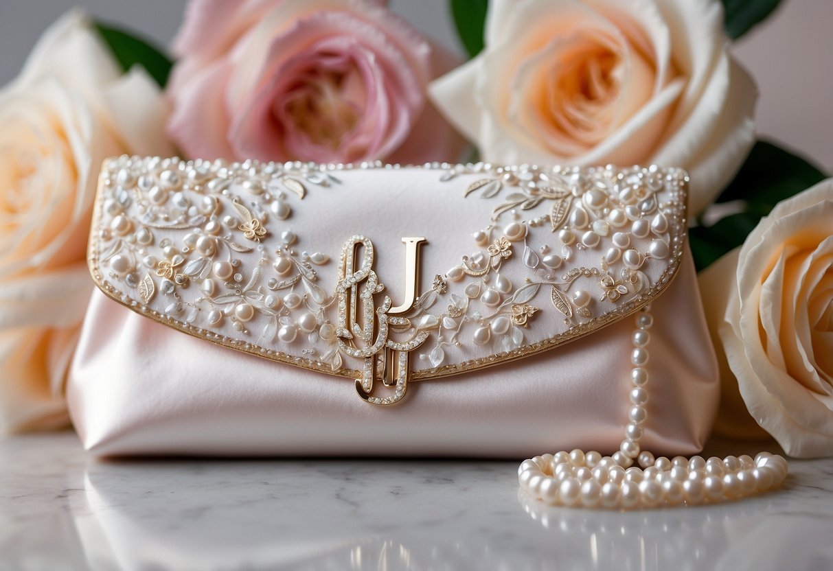 A white satin bridal clutch with a monogrammed initial, surrounded by delicate lace and pearls, set against a backdrop of soft pastel flowers and elegant calligraphy