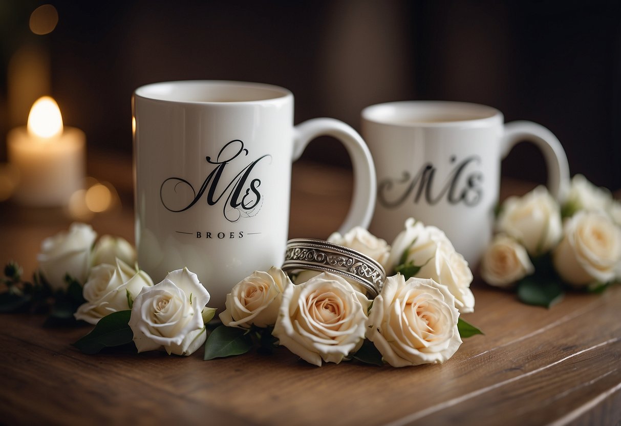 A beautifully decorated Mrs. Mug with "Bride" written in elegant calligraphy, surrounded by wedding-themed elements like rings, flowers, and a veil