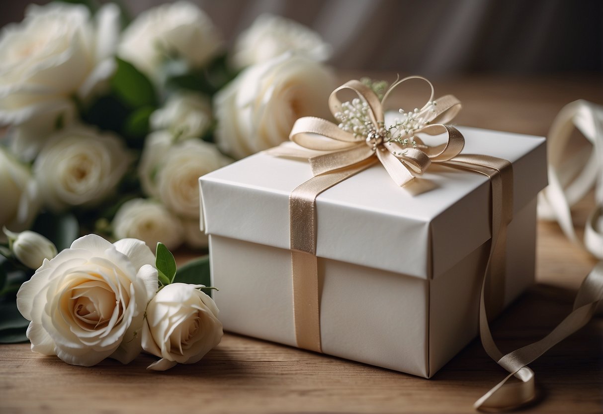 A beautifully wrapped gift box with "Bride" written on it, surrounded by delicate flowers and wedding accessories