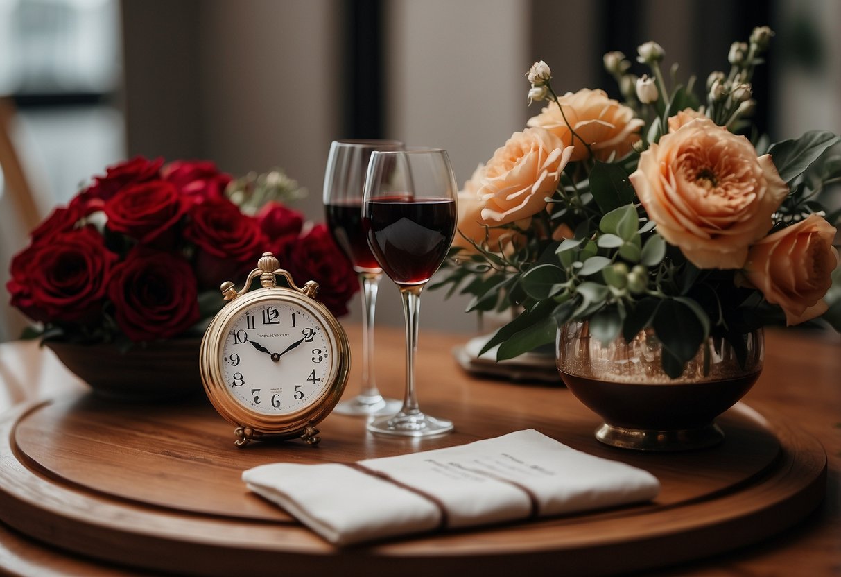 A table set with a bottle of wine, a personalized watch, and a framed photo of the couple. A handwritten love note and a bouquet of flowers complete the anniversary gift display