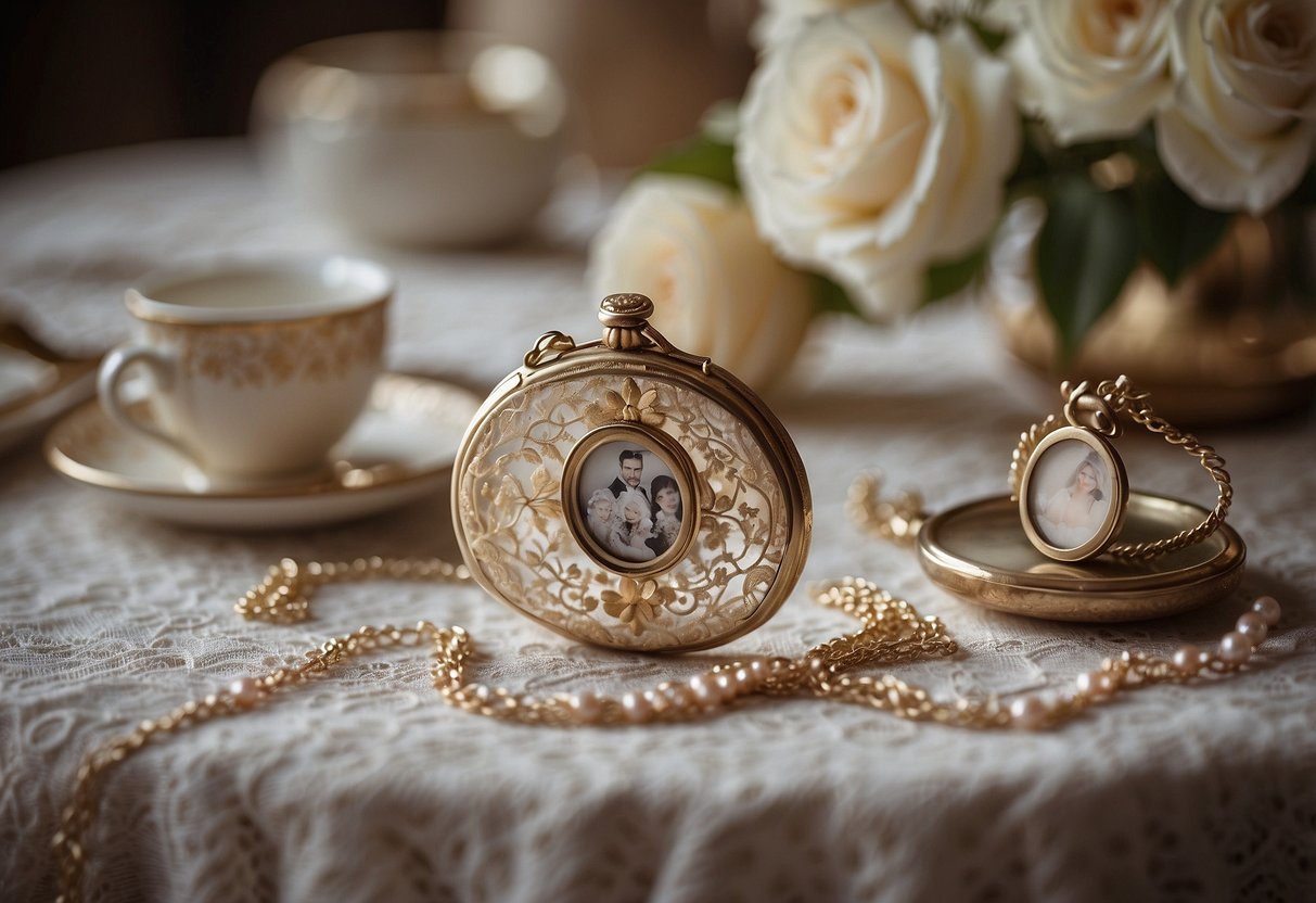 A table adorned with a delicate lace tablecloth, displaying a collection of sentimental keepsakes such as a vintage locket, a love letter, and a framed photo